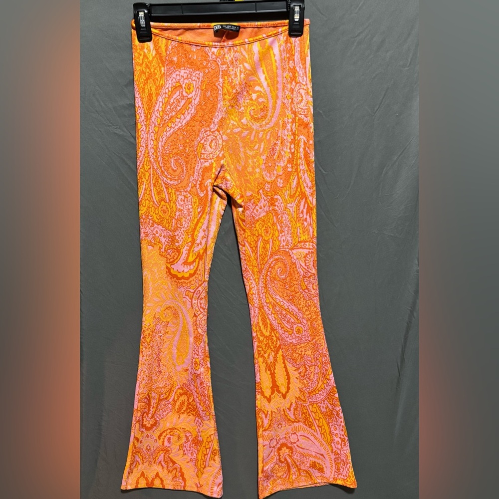 Women’s Small Zara Orange and Pink Vintage Patterned Pants with Flared Legs